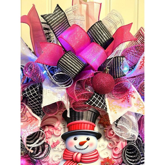 Handmade Bright Top Hat Snowman Holiday Ribbon Door Wreath 22 ins W68 Pink Black - Picture 5 of 12